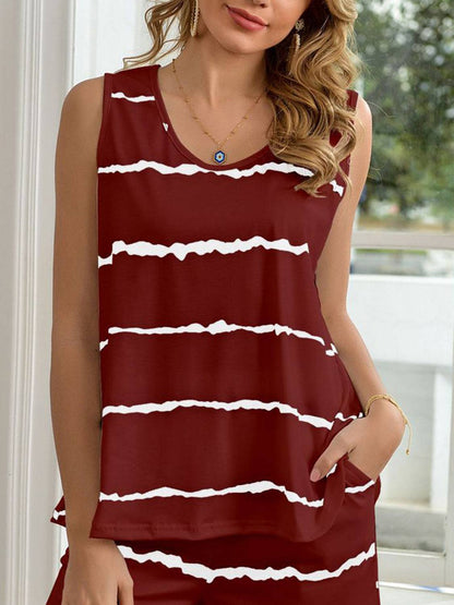 Striped Round Neck Tank and Shorts Lounge Set - Carri's Cache