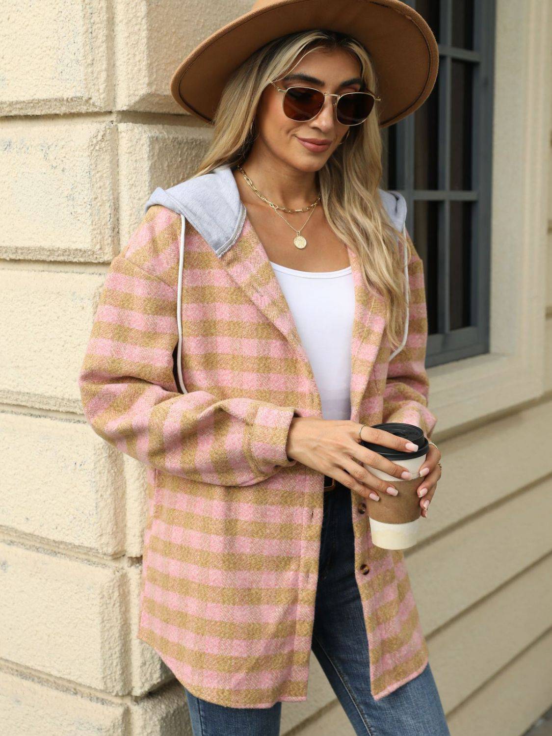 Drawstring Plaid Long Sleeve Hooded Jacket - Carri's Cache