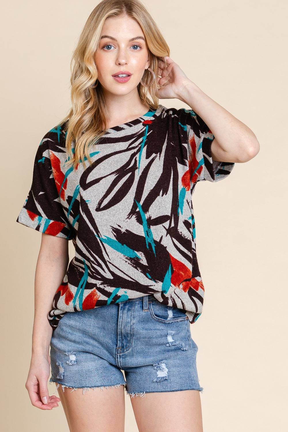 BOMBOM Printed Round Neck Short Sleeve T-Shirt - Carri's Cache