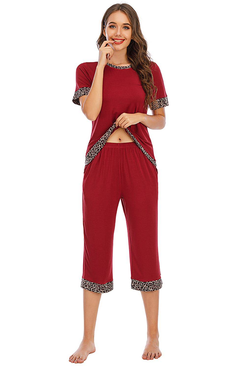 Round Neck Short Sleeve Top and Capris Pants Lounge Set - Carri's Cache