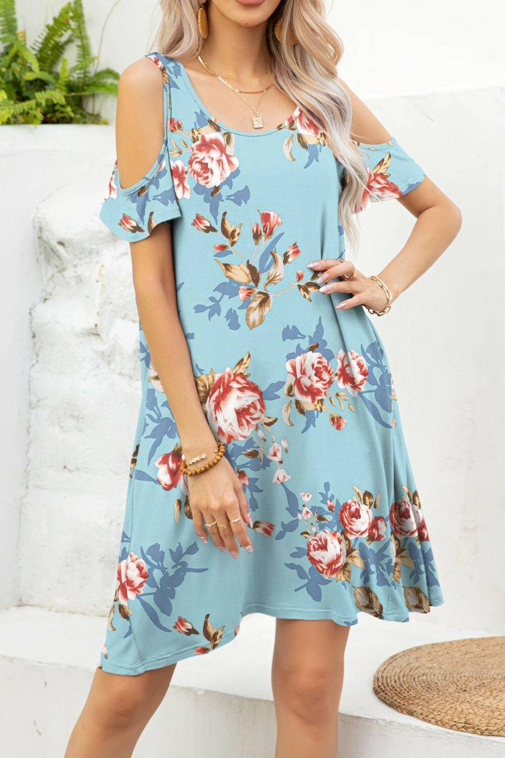 Floral Round Neck Cold-Shoulder Dress.