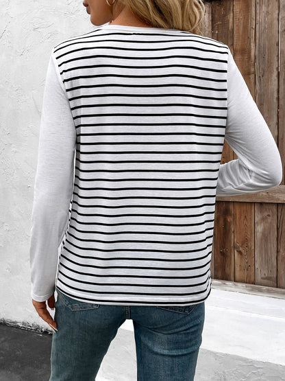 Decorative Button Striped Round Neck Long Sleeve T-Shirt - Carri's Cache