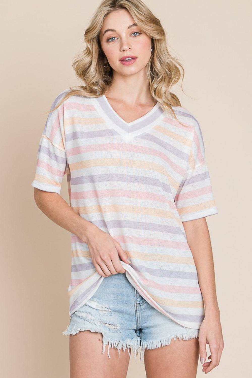 BOMBOM Striped V-Neck Short Sleeve T-Shirt - Carri's Cache