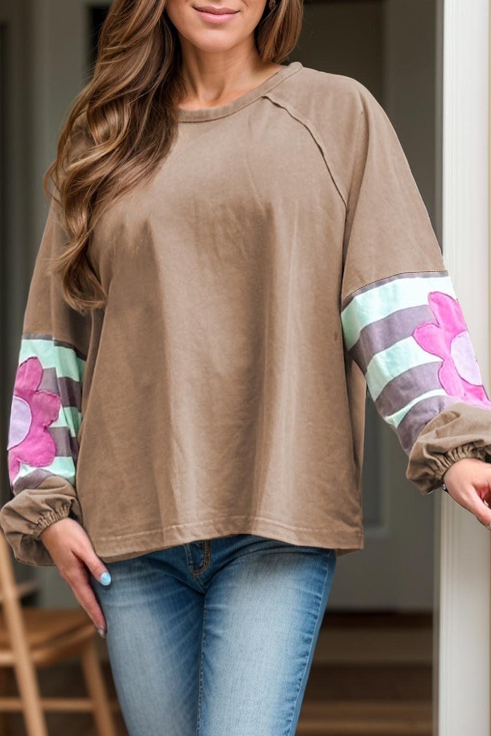 Plus Size Flower Round Neck Long Sleeve Blouse - Carri's Cache