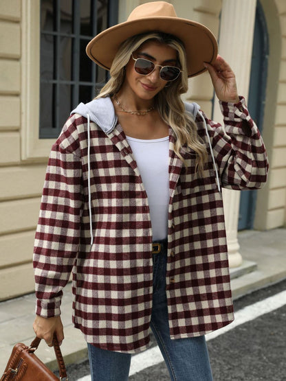 Drawstring Plaid Long Sleeve Hooded Jacket - Carri's Cache