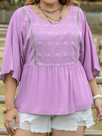 Plus Size Lace Detail Round Neck Three-Quarter Sleeve Blouse - Carri's Cache