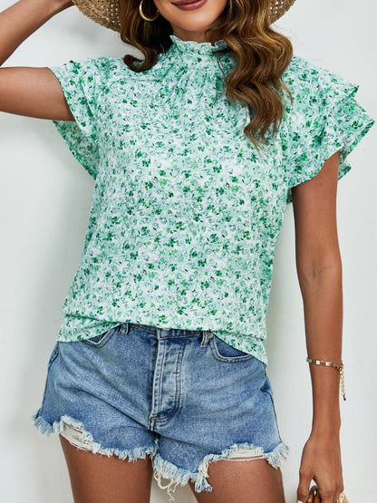 Ditsy Floral Mock Neck Flounce Sleeve Blouse - Carri's Cache