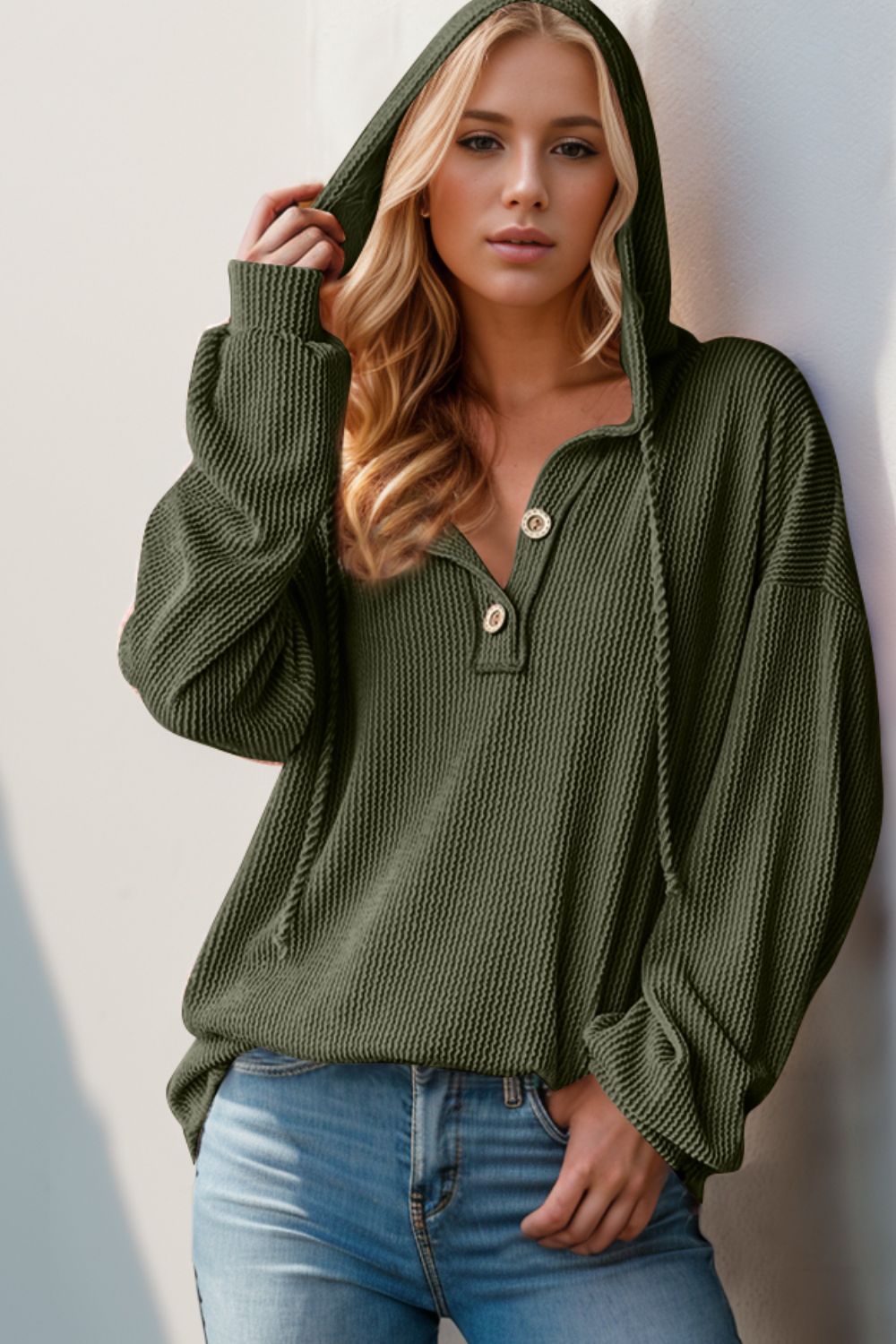 Double Take Full Size Half Button Long Sleeve Hoodie - Carri's Cache