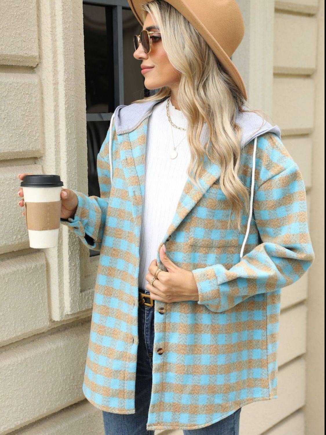 Drawstring Plaid Long Sleeve Hooded Jacket - Carri's Cache