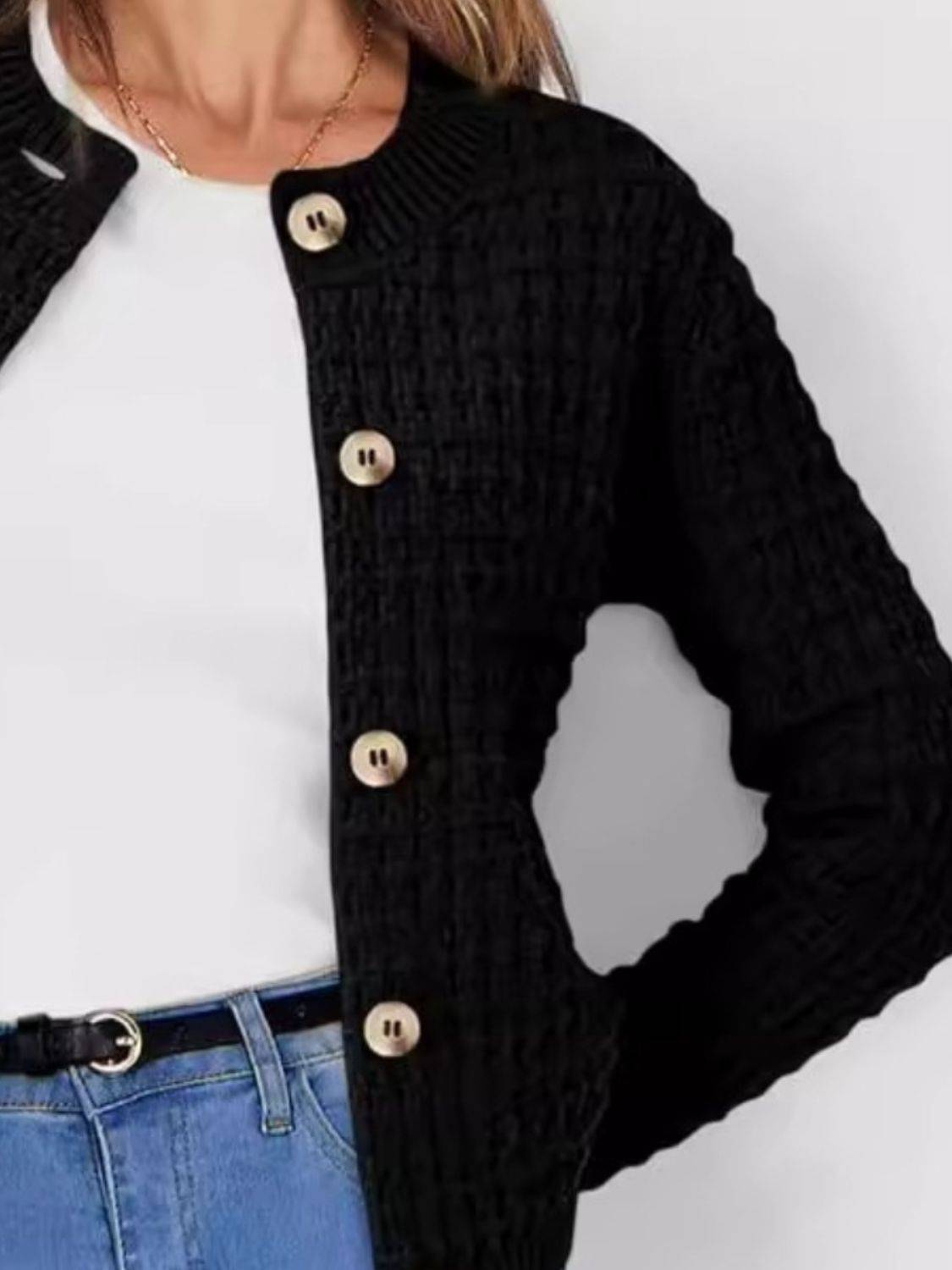 Button Up Round Neck Long Sleeve Cardigan - Carri's Cache