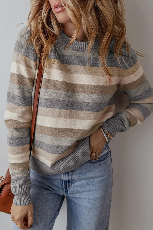 Striped Round Neck Long Sleeve Sweater - Carri's Cache