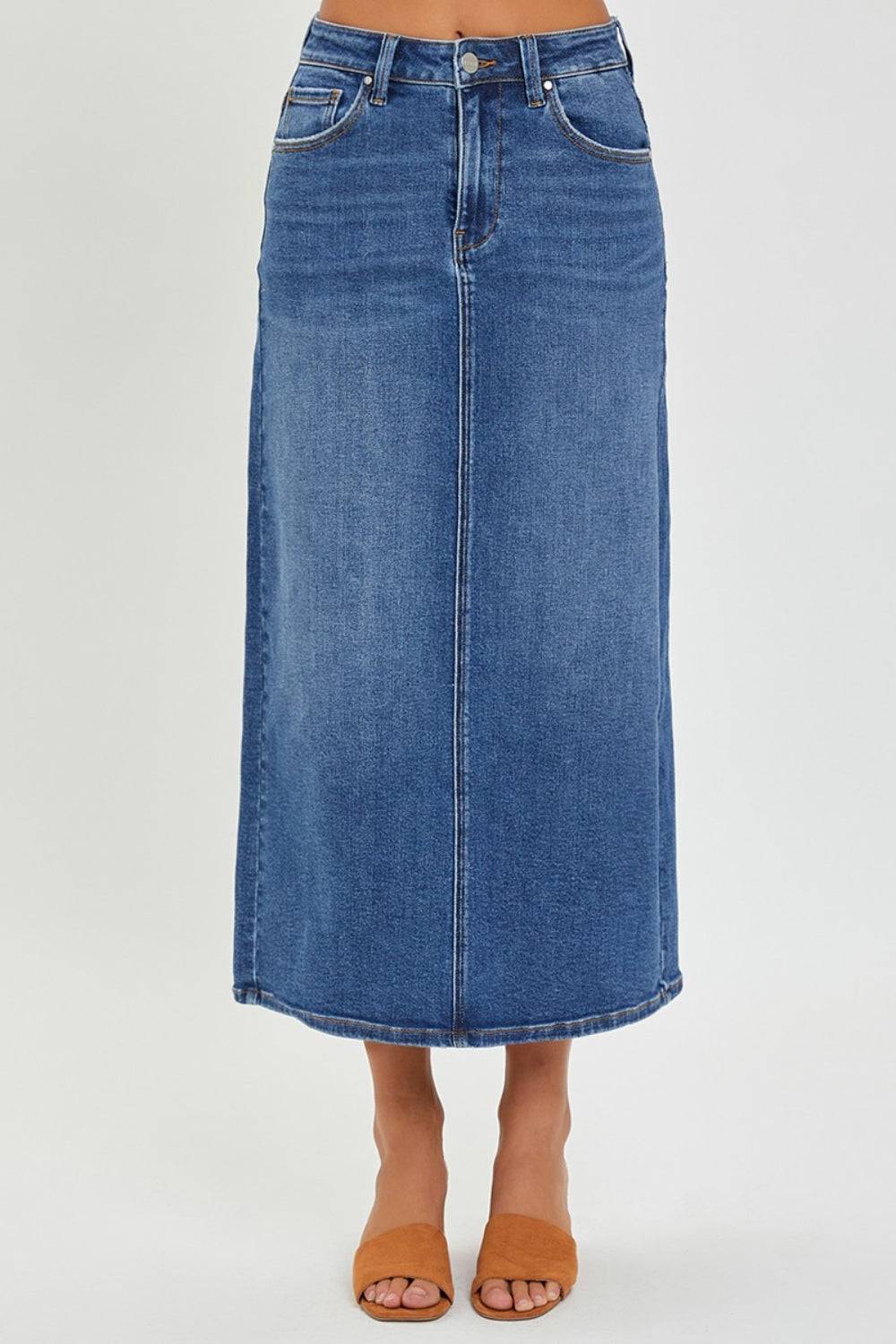 RISEN High Rise Back Slit Denim Skirt - Carri's Cache