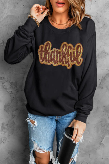 THANKFUL Round Neck Long Sleeve Sweatshirt - Carri's Cache