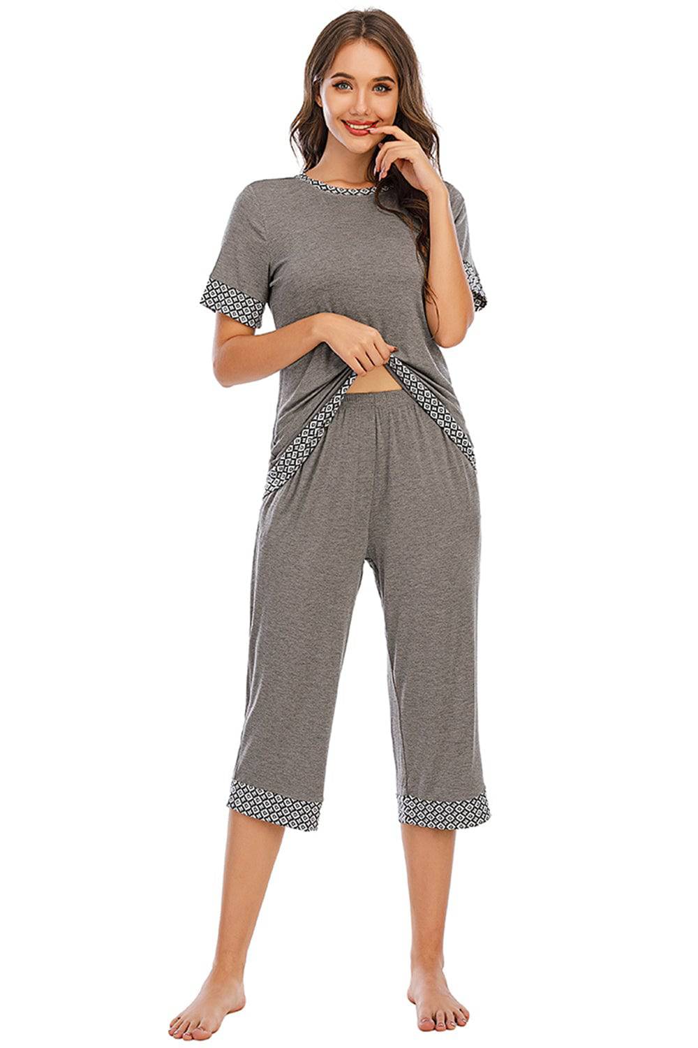 Round Neck Short Sleeve Top and Capris Pants Lounge Set - Carri's Cache