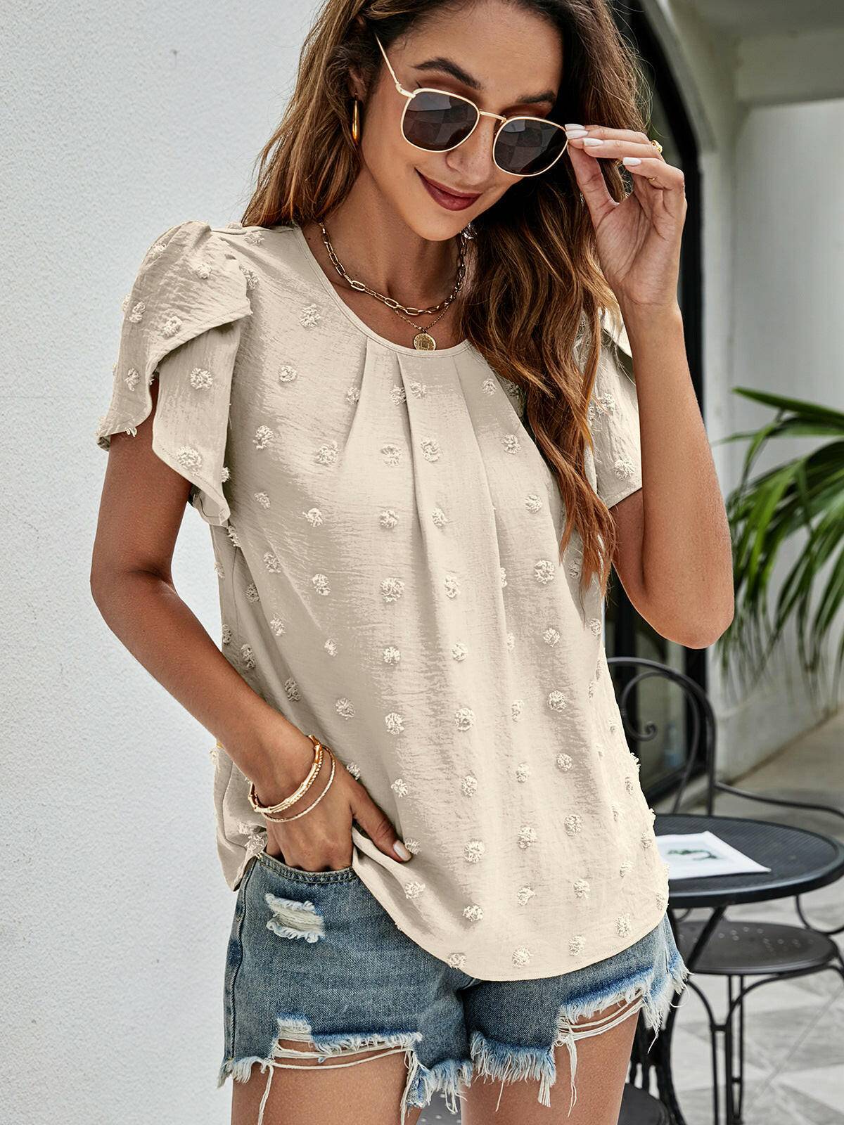 Swiss Dot Round Neck Petal Sleeve Top.