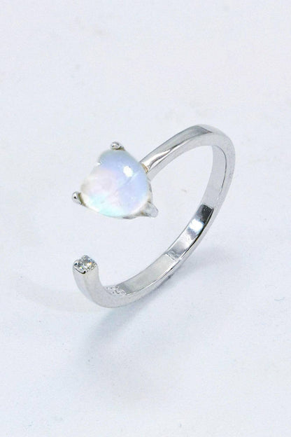 Inlaid Moonstone Heart Adjustable Open Ring.