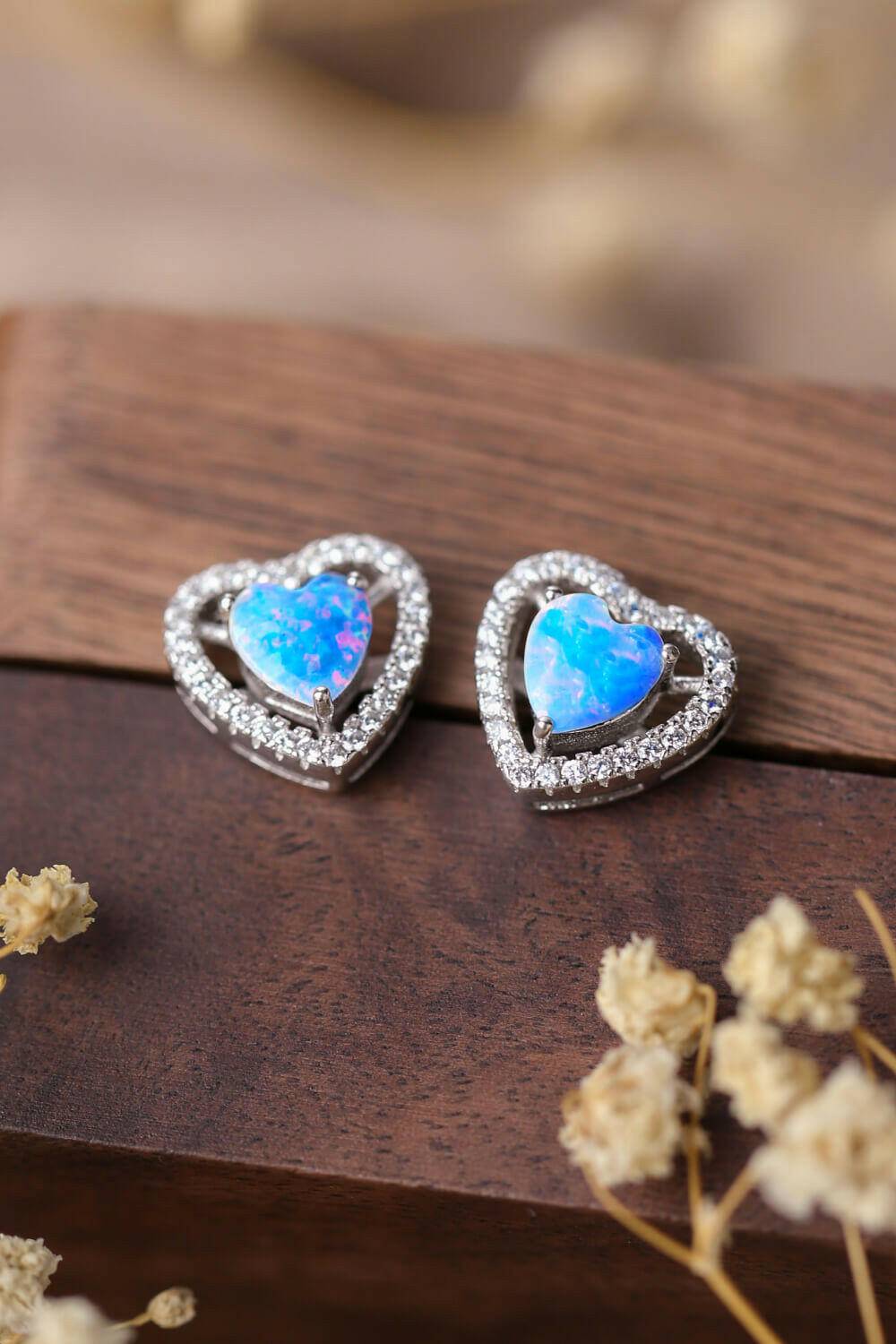 925 Sterling Silver Opal Heart Stud Earrings.