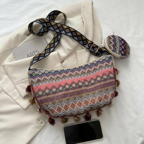 Printed Tassel Detail Crossbody Bag with Small Purse - Carri's Cache