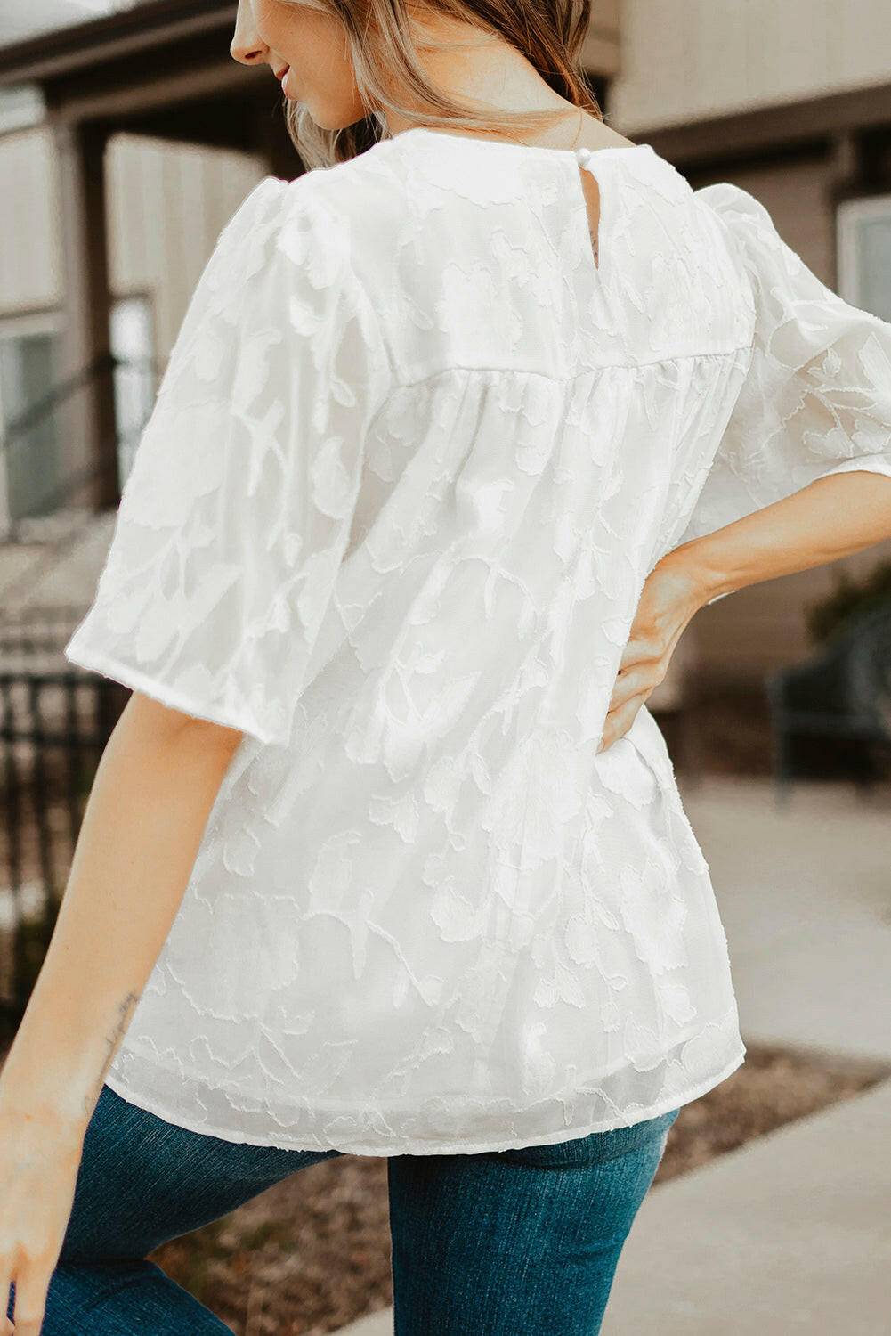 Round Neck Puff Sleeve Blouse - Carri's Cache