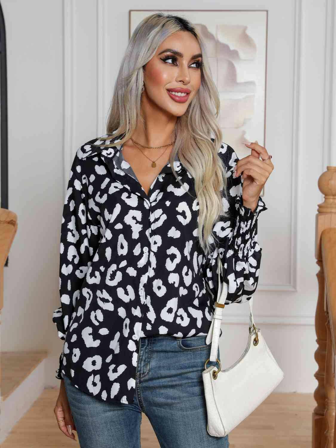 Printed Collared Neck Buttoned Lantern Sleeve Shirt - Carri's Cache