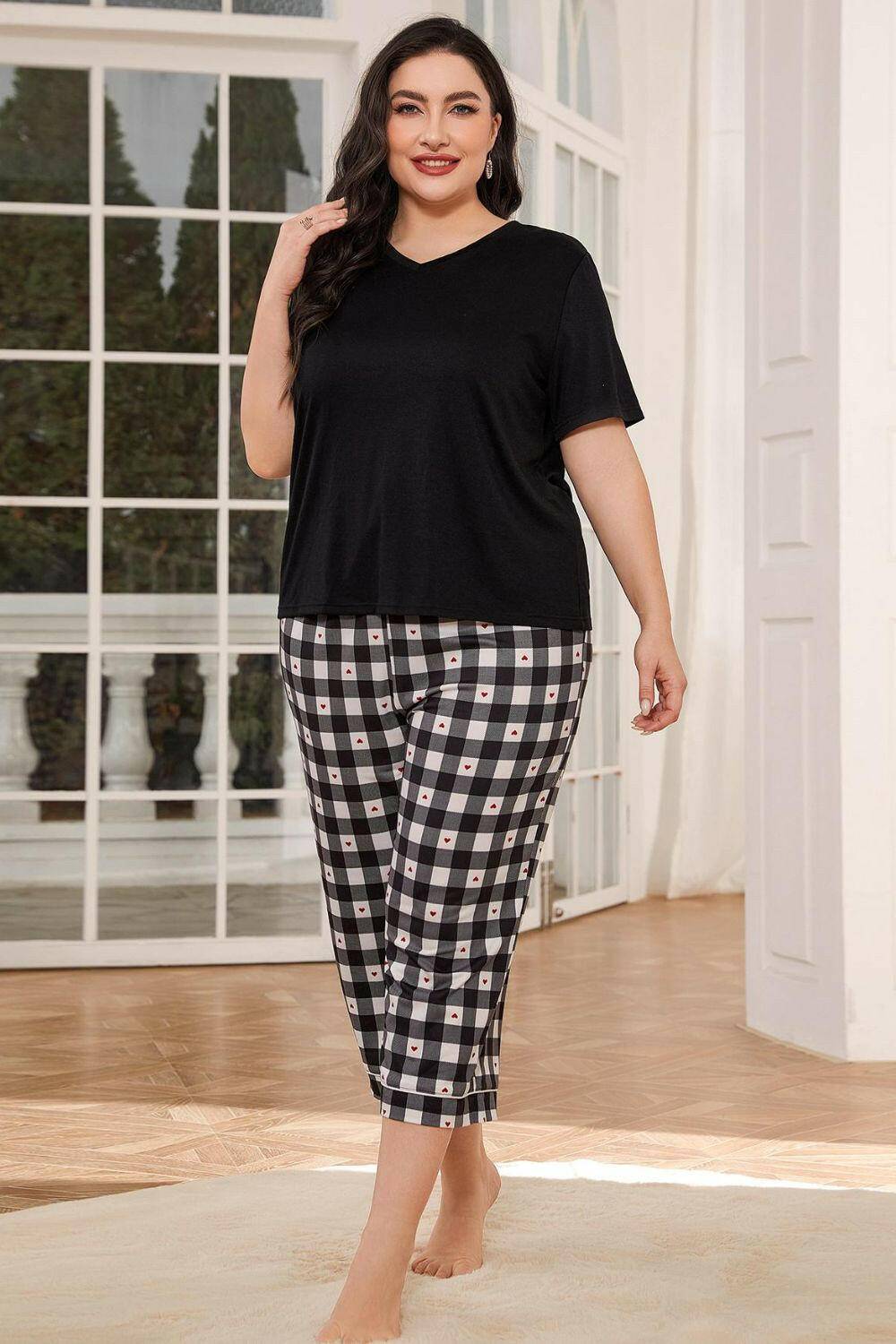 V-Neck Tee and Plaid Cropped Pants Lounge Set - Carri's Cache