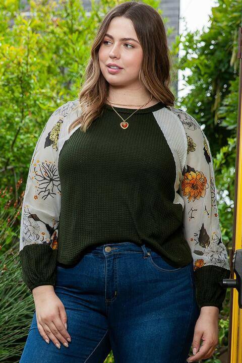 Plus Size Floral Waffle-Knit Round Neck Blouse - Carri's Cache