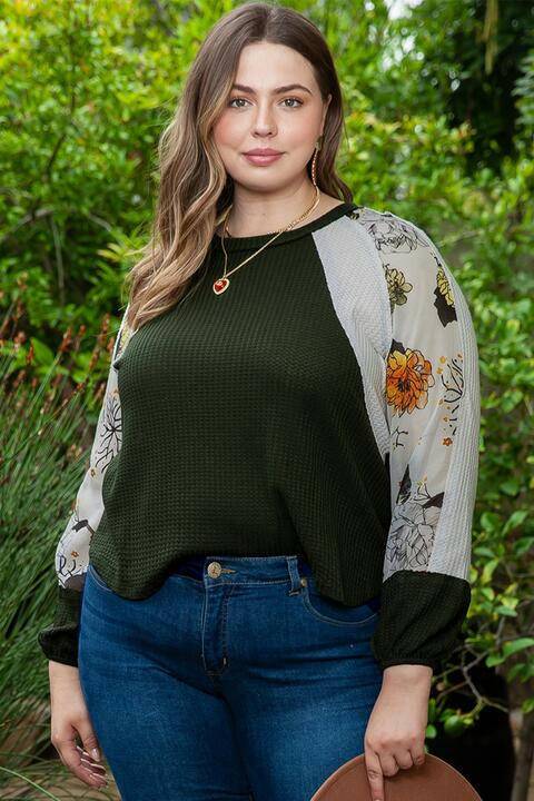 Plus Size Floral Waffle-Knit Round Neck Blouse - Carri's Cache