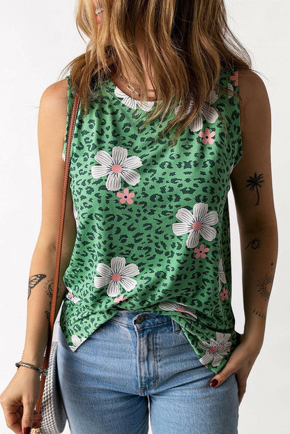 Printed Side Slit Round Neck Tank.