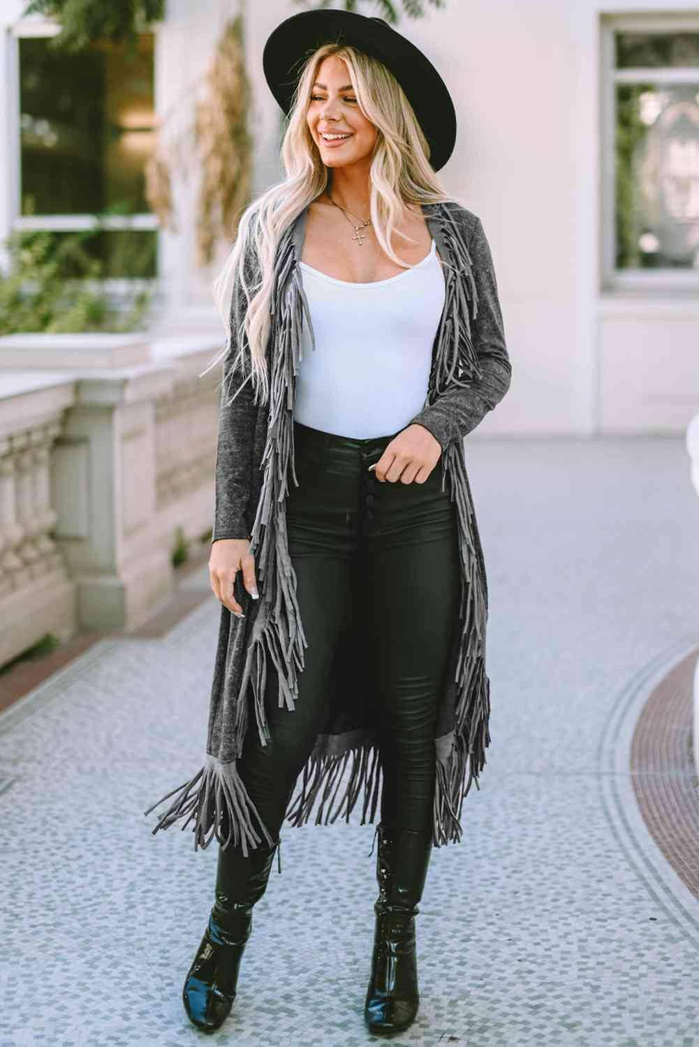 Fringe Detail Long Sleeve Cardigan - Carri's Cache