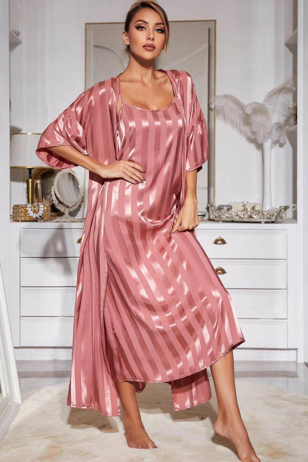 Striped Flounce Sleeve Open Front Robe and Cami Dress Set - Carri's Cache