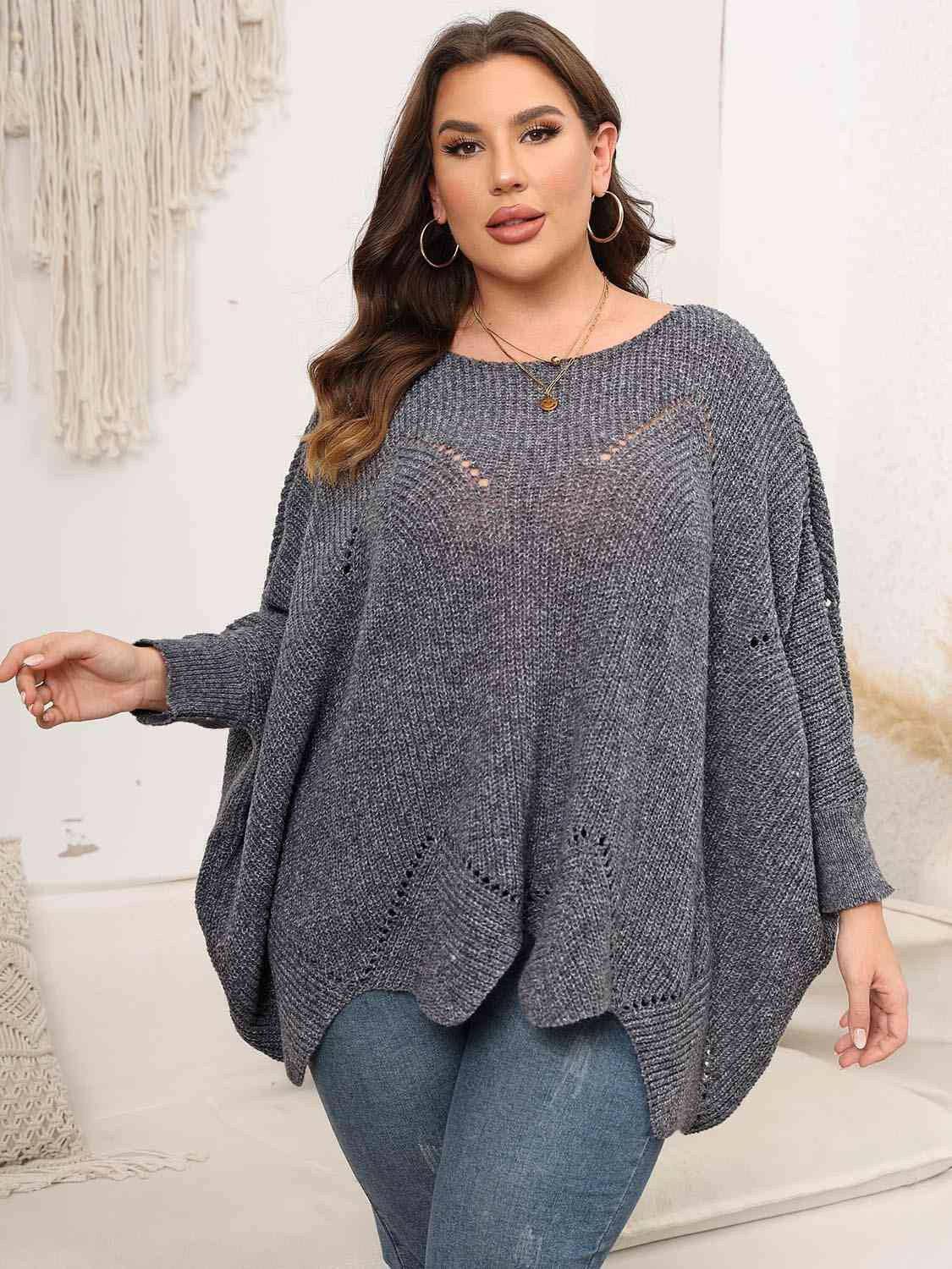 Plus Size Round Neck Batwing Sleeve Sweater - Carri's Cache