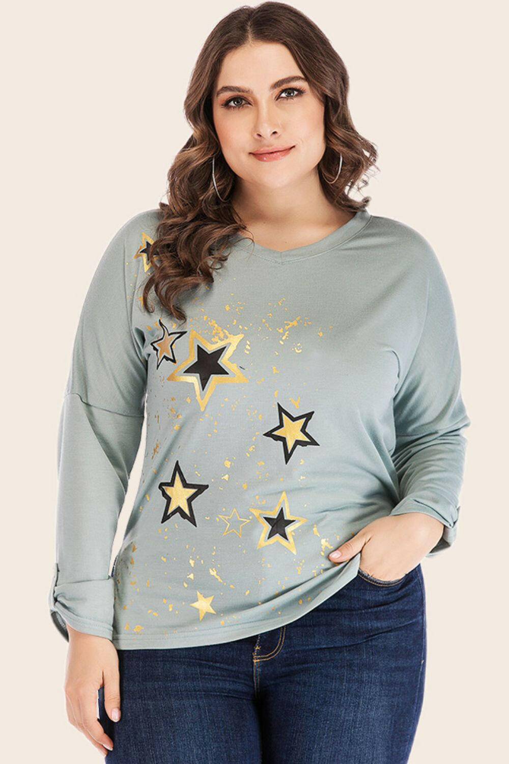 Plus Size Star Print Slit Dropped Shoulder Top.