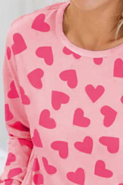 Heart Print Round Neck Top and Shorts Lounge Set - Carri's Cache