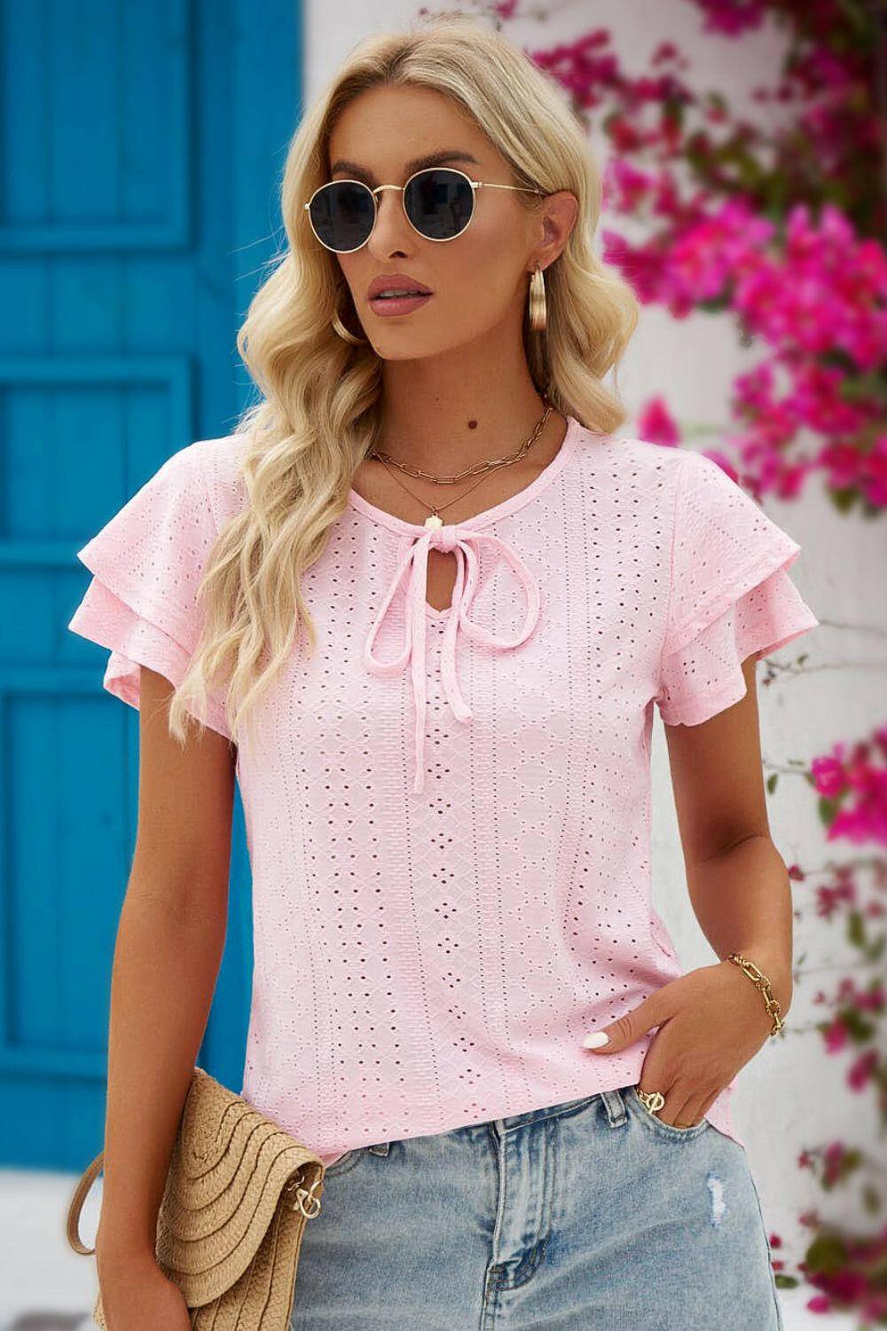 Eyelet Tie-Neck Flutter Sleeve Blouse.