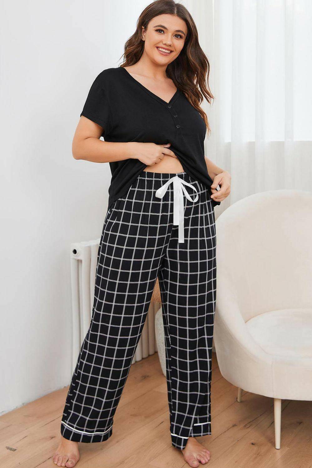 Plus Size V-Neck Top and Plaid Pants Lounge Set - Carri's Cache