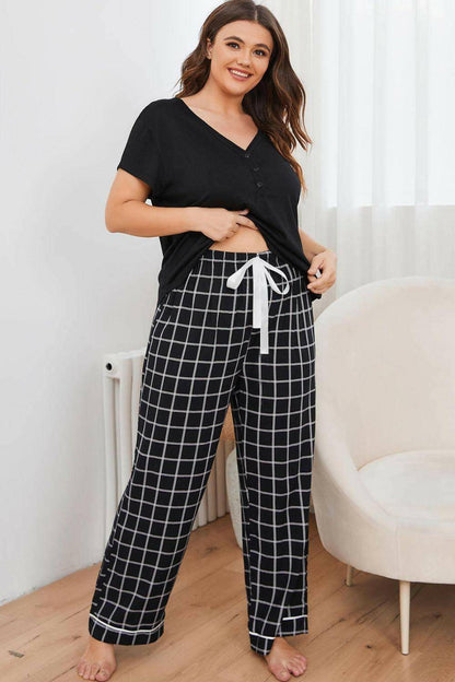 Plus Size V-Neck Top and Plaid Pants Lounge Set - Carri's Cache