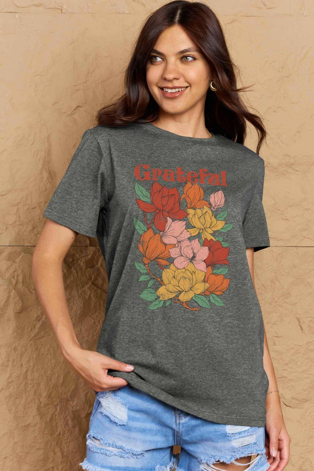 Simply Love Full Size GRATEFUL Flower Graphic Cotton T-Shirt - Carri's Cache