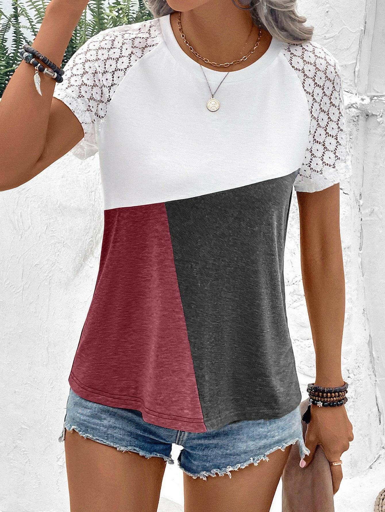 Color Block Raglan Sleeve Round Neck Tee - Carri's Cache