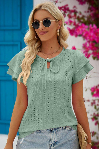 Eyelet Tie-Neck Flutter Sleeve Blouse.