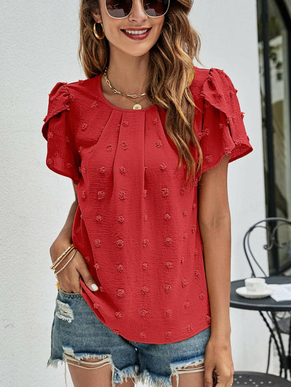 Swiss Dot Round Neck Petal Sleeve Top.