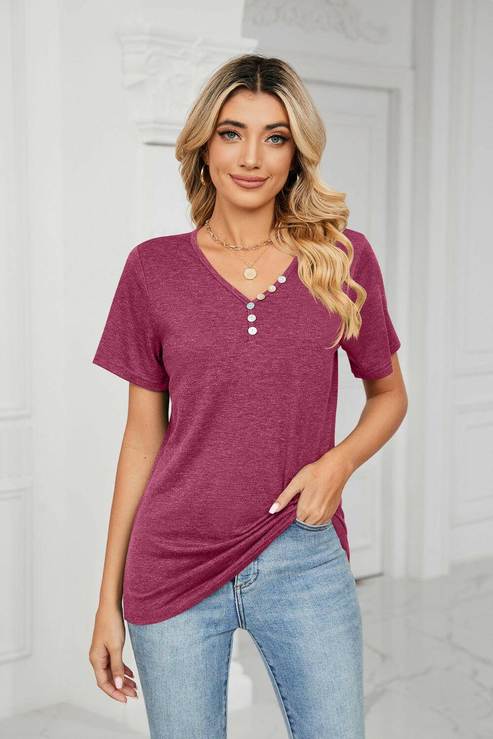 Decorative Button V-Neck Tee.