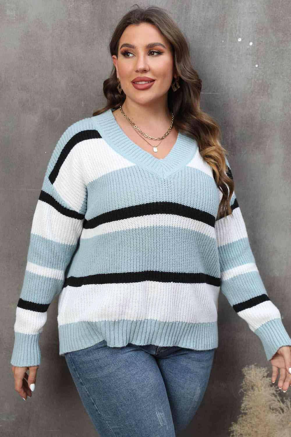 Plus Size Striped V-Neck Dropped Shoulder Sweater - Carri's Cache