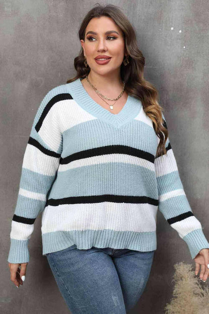 Plus Size Striped V-Neck Dropped Shoulder Sweater - Carri's Cache