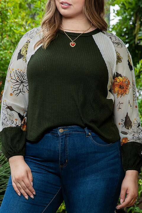 Plus Size Floral Waffle-Knit Round Neck Blouse - Carri's Cache