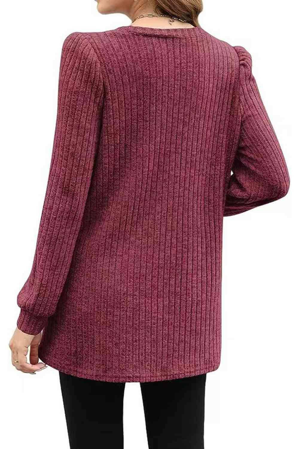 Ribbed Round Neck Long Sleeve T-Shirt - Carri's Cache