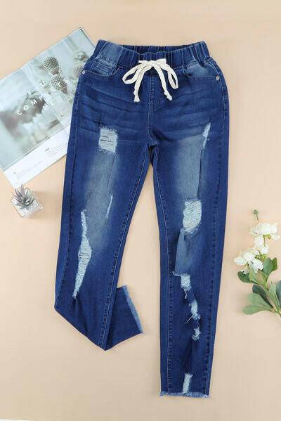 Drawstring Distressed Raw Hem Jeans with Pockets - Carri's Cache