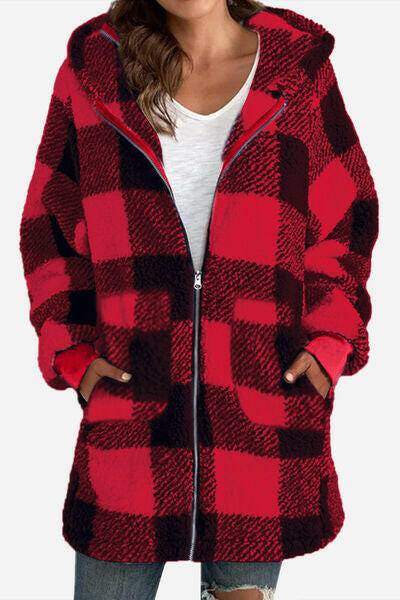 Double Take Full Size Plaid Long Sleeve Hooded Coat - Carri's Cache