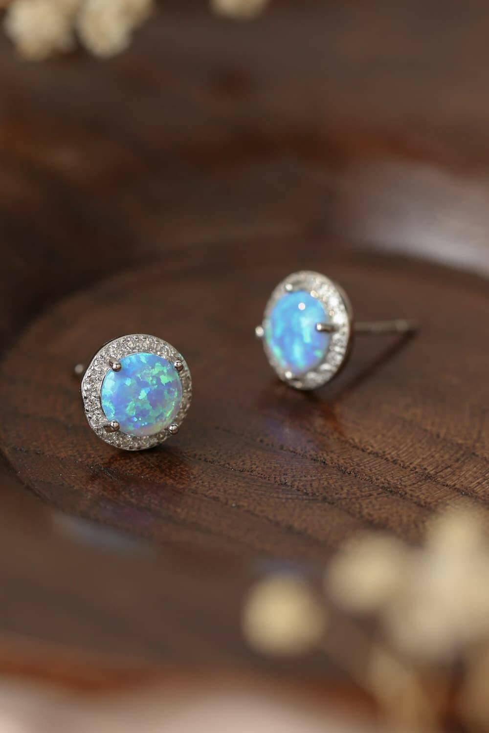 925 Sterling Silver Platinum-Plated Opal Round Stud Earrings.