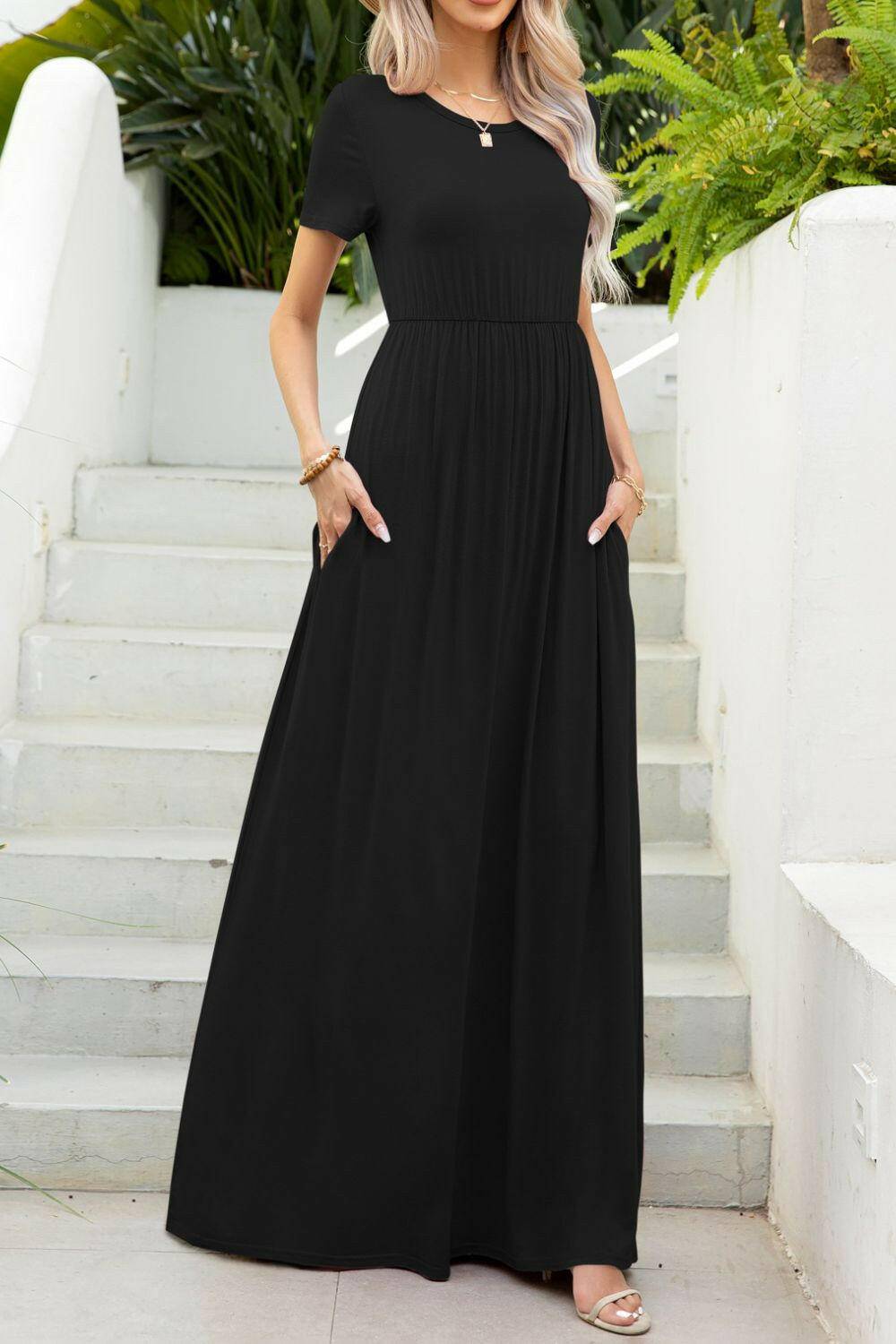 Round Neck Maxi Tee Dress with Pockets.