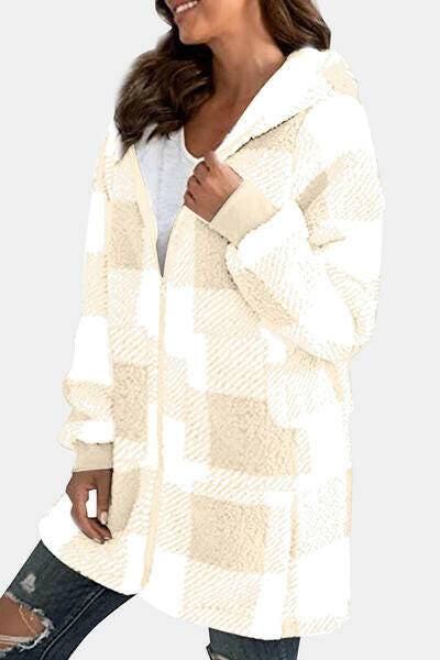 Double Take Full Size Plaid Long Sleeve Hooded Coat - Carri's Cache